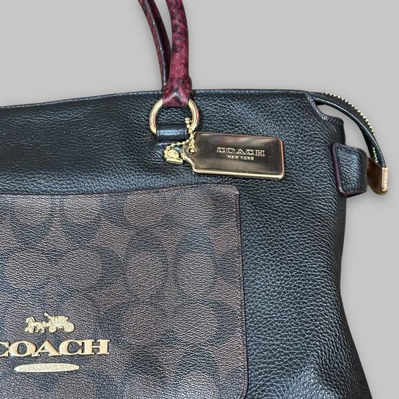 Coach Signature Satchel Crossbody Handbag – Black & Brown with Plum Handles - Picture 4 of 8